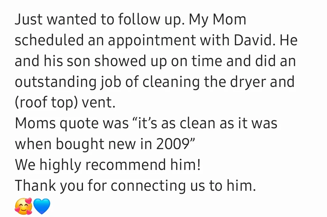 Five-star Google review screenshot from a ClearFlow dryer vent cleaning customer